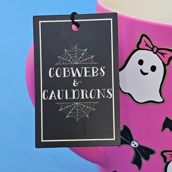 Hot Pink Ghost Halloween Mug Soft Touch Bats Bows Cobwebs & Cauldrons Coffee Cup - Picture 12 of 14